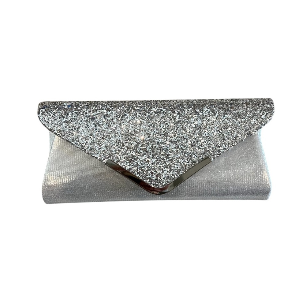 Silver Glitter Evening Clutch Envelope Handbag Detachable Chain Purse